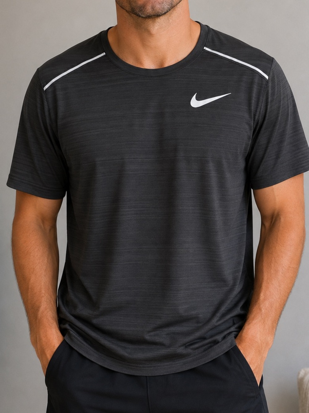 Nike Men's Dark Gray Short Sleeve Dri-FIT Tee with White Swoosh